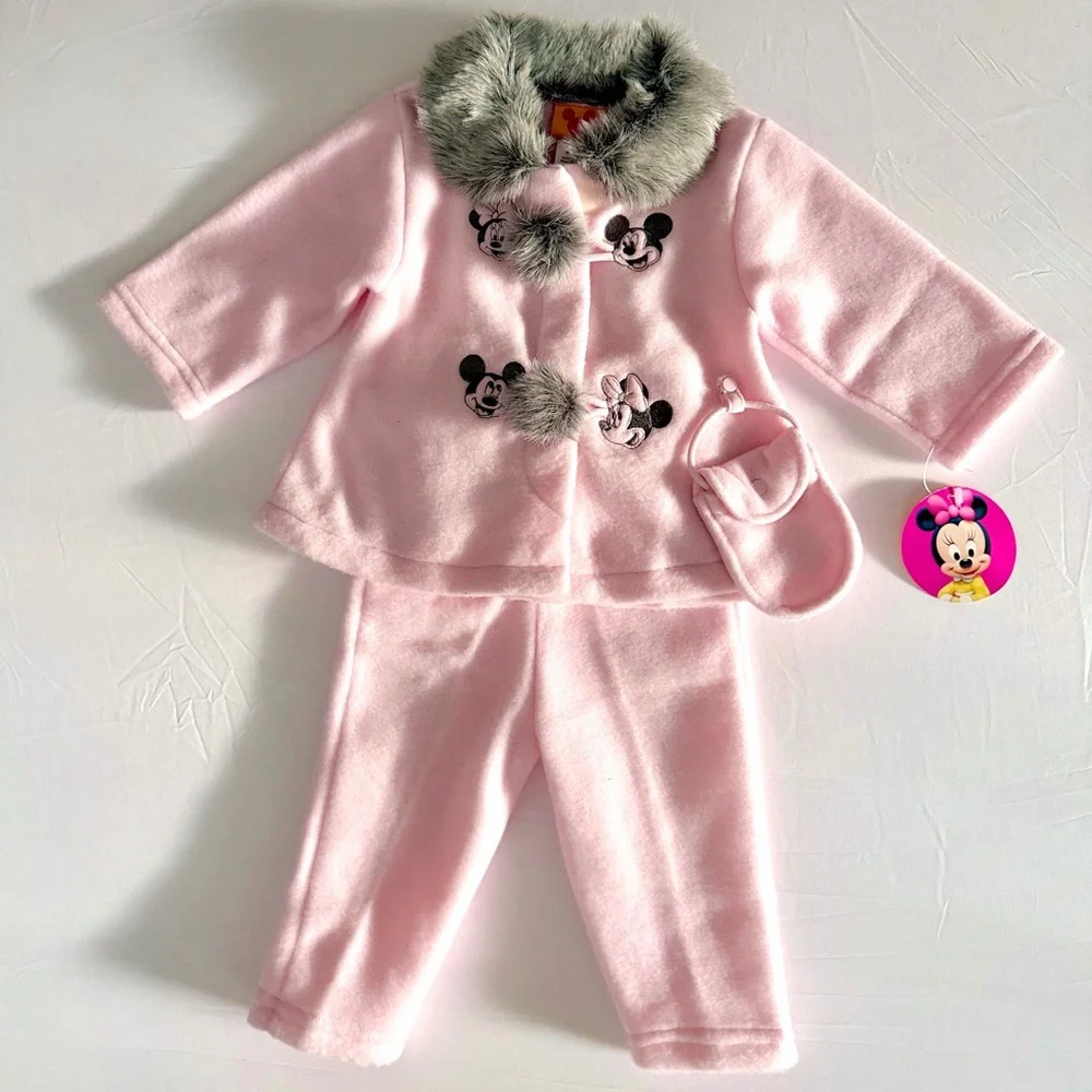 Vintage Y2K‎ Disney Baby Mickey Minnie Pink Fleece Set Faux Fur Coat Pants 12M